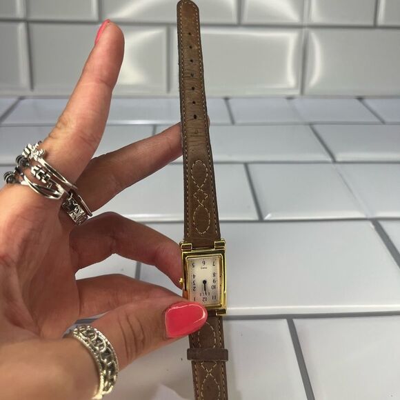 Elle White Dial oldβTONE Rectangle Case Brown Leather Band Watch - Picture 5 of 8